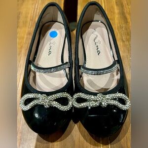 Toddler Girls Dress Shoes - Nina Kendalla Black Flats with Rhinestone Accents